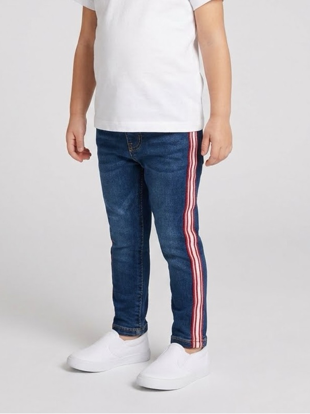 NWT Minoti Girls Denim Pants Blue Jeans Red White Side Stripe Size 3-4T